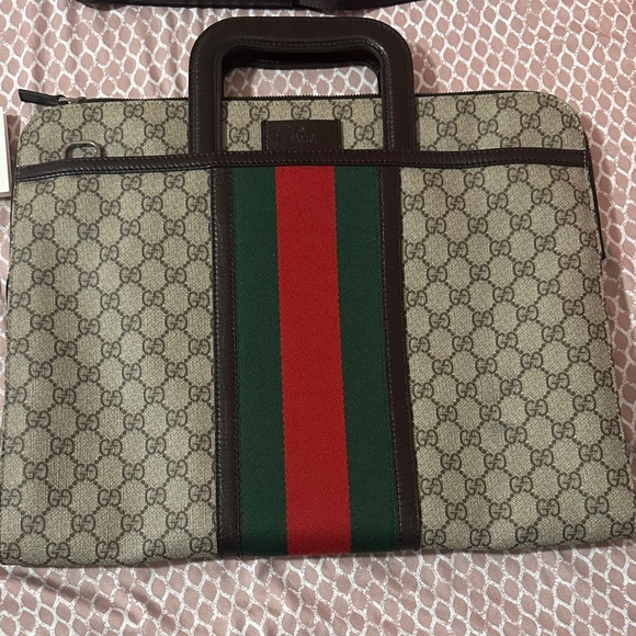 Gucci Brown/Beige GG Supremes Canvas and Leather Web Business Briefcase Bag - Picture 1 of 7